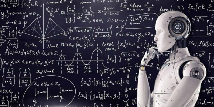 Ai a robot looking at calculations on a chalkboard with a hand on its chin