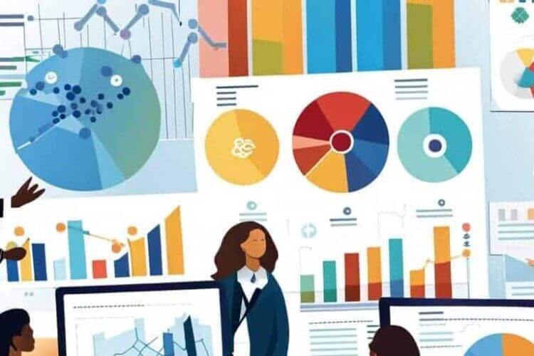 Start a nonprofit illustration of a business woman with charts and graphs behind her