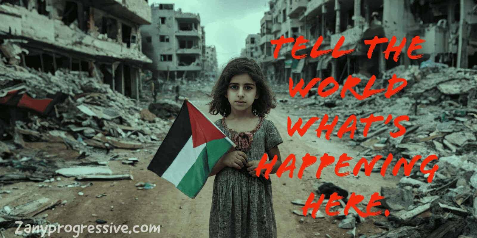 Hostage a palestinian girl standing amidst rubble holding the palestinian flag