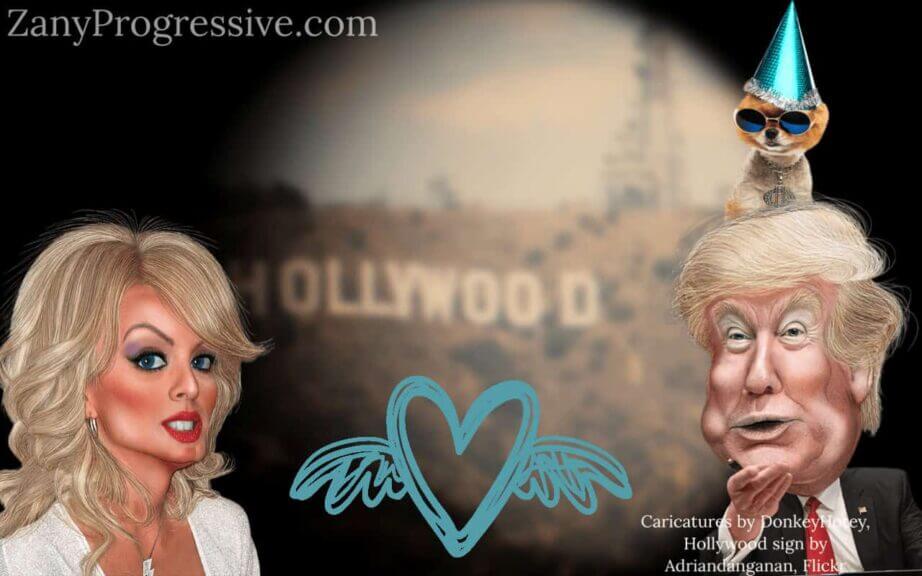 Legal problems of donald trump. Caricatures of donald trump and stormy daniels with the hollywood sign in the background.