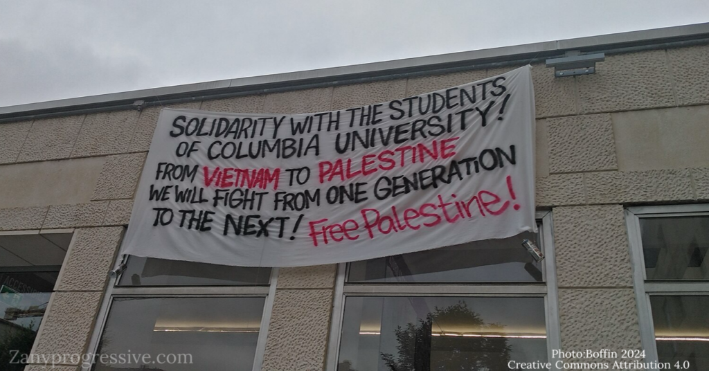 Progressive politics. A banner at a college campus protest