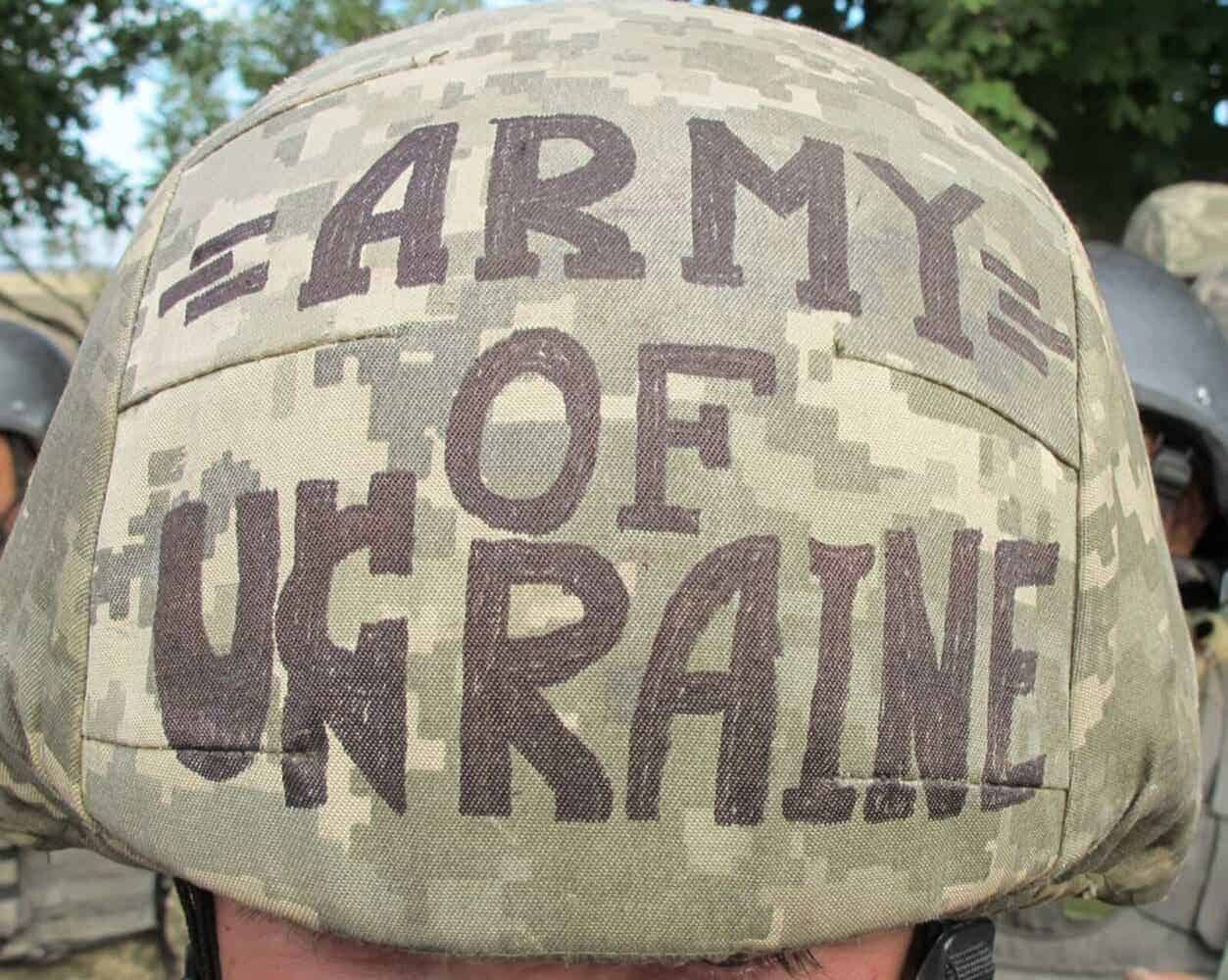 A helmet worn by a ukrainian soldier in the war against russia