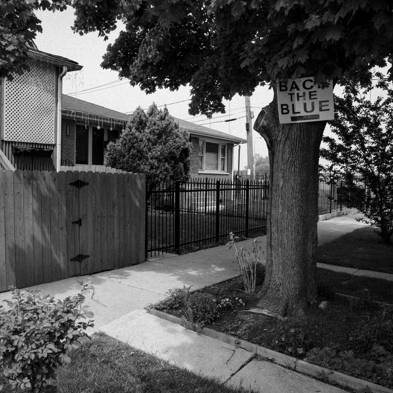 Gun stores: a back the blue sign hanging on a tree in the neighborhood in chicago where officer ella french was killed.