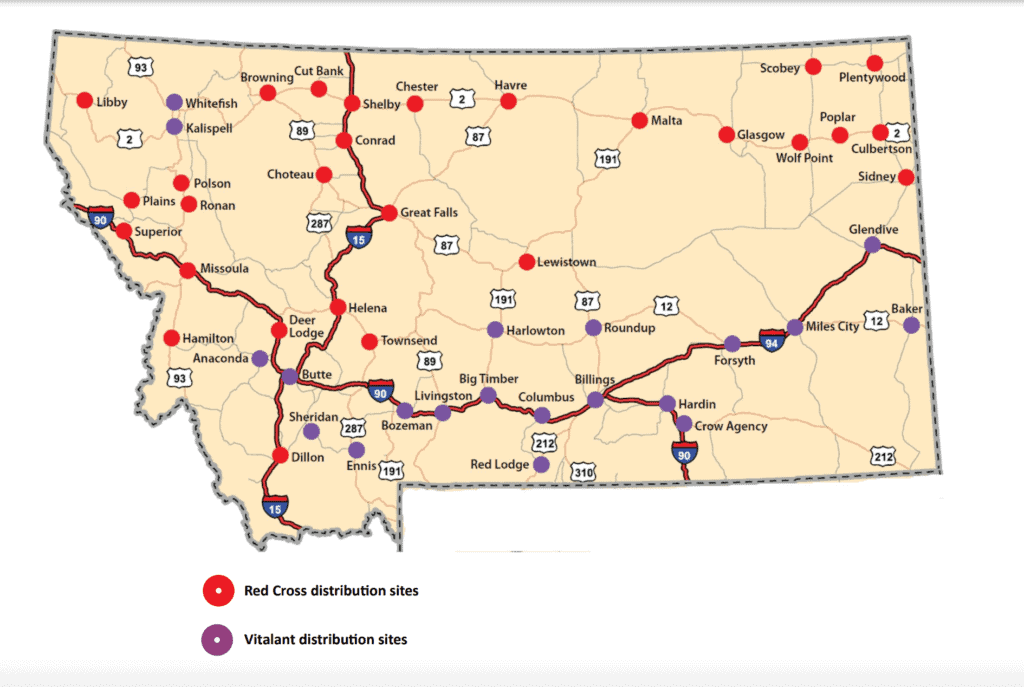 Montana emergency blood drive-thru service: (map of facilities with blood banks created by the montana trauma committee and posted at the state department of public health and human services site. )