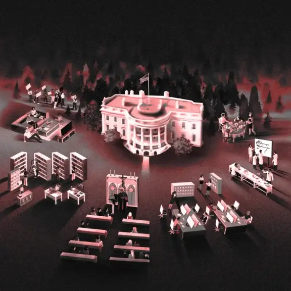 Image of white house surrounded by mini preachers