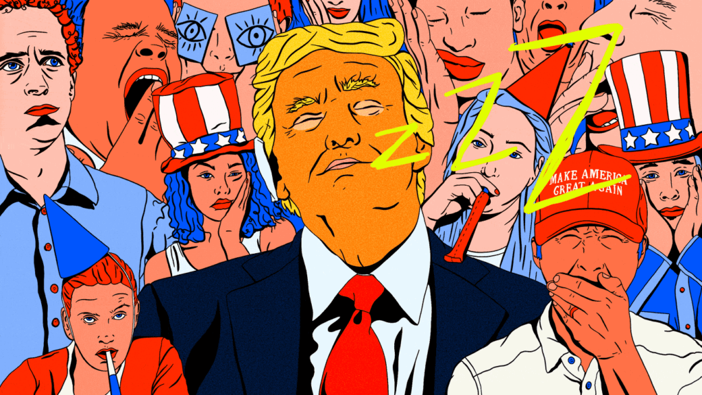 Illustration of donald trump with supporters in the background