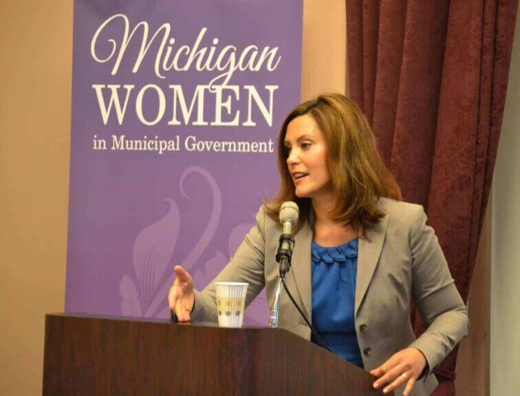 Gretchen whitmer speaks at a women’s event in michigan