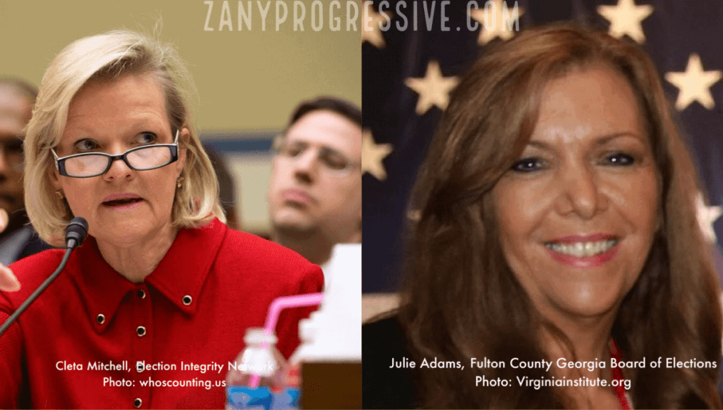 Julie adams, right, a republican member of the fulton county, georgia, elections board and a regional coordinator with the election integrity network, a right-wing organization involved in challenging the legitimacy of american election systems. Cleta mitchell, left, chair of the election integrity network.
