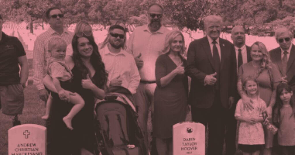 The family of members of the military who died during the withdraw from afghanistan pose with donald trump at their graves in arlington cemetery.