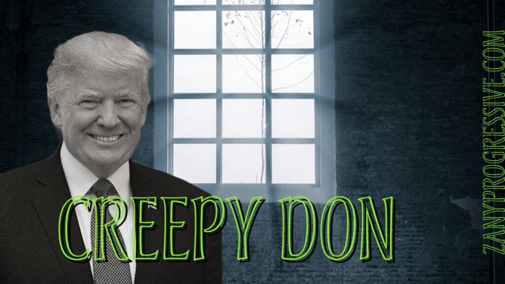 Illustration of a black and white haunted house background and black and white photo of donald trump that says creepy don in green