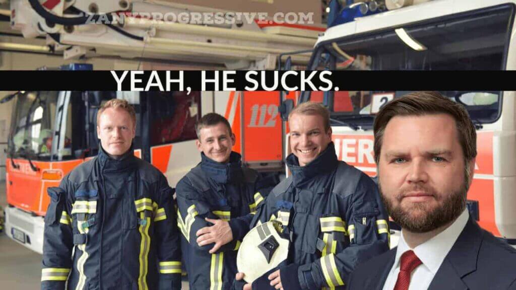 Image of firefighters with jd vance added to the scene