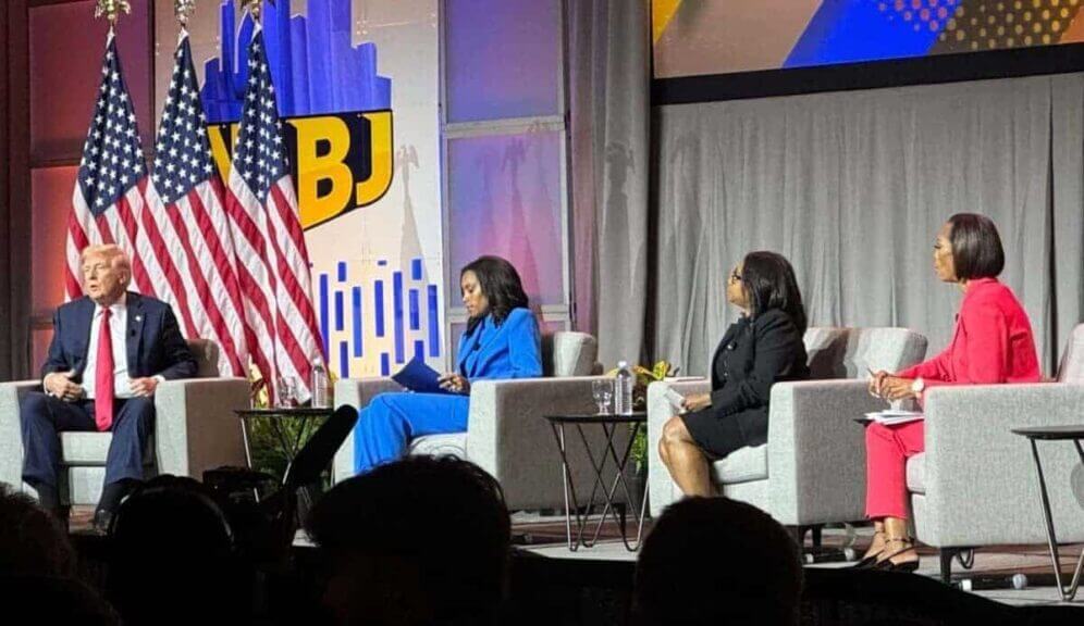 Donald trump on stage at the nabj conference