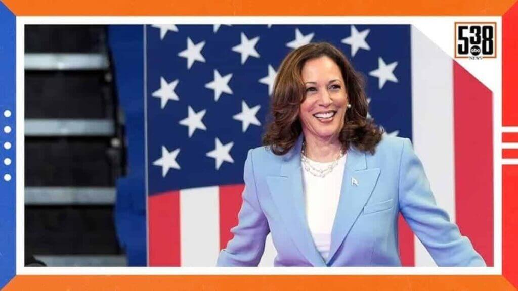 Kamala harris in front of an american flag