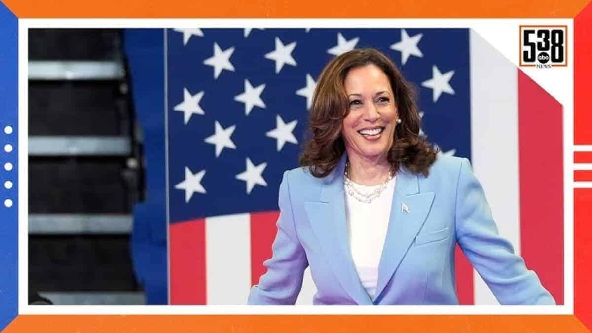 Kamala harris in front of an american flag