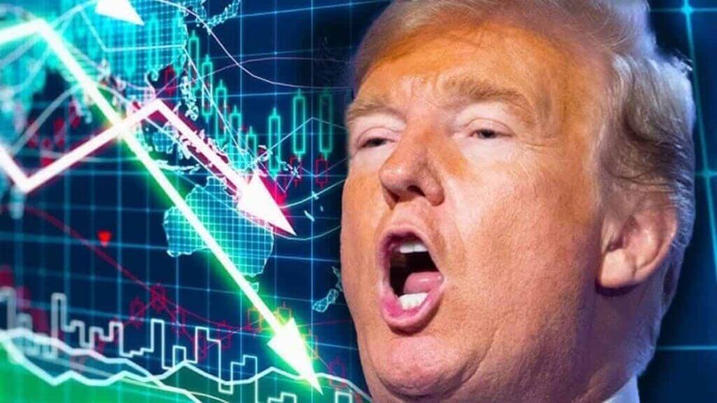 Trump with his mouth open beside stock market symbols