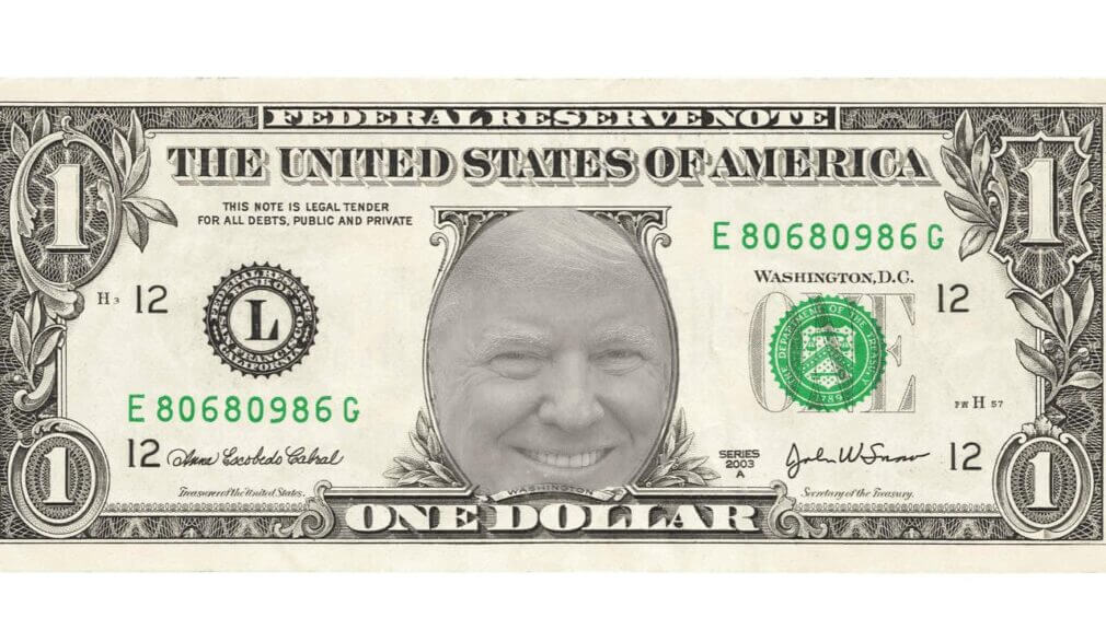 Donald trump’s face on a one dollar bill