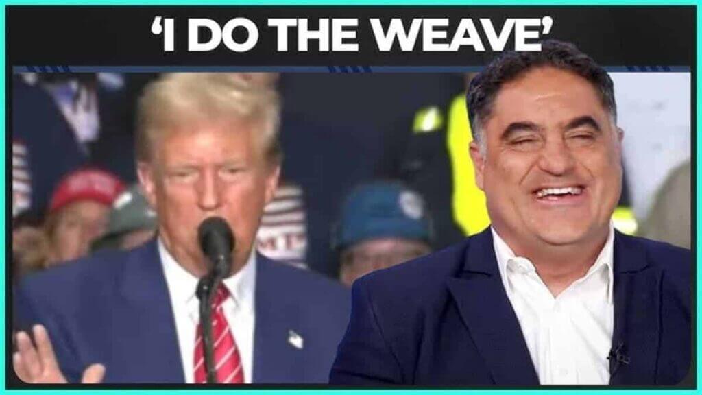 Donald trump speaking at a rally and cenk uyger laughing at him.