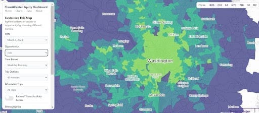 A screenshot of the transit equity dashboard’s map showing access to jobs.