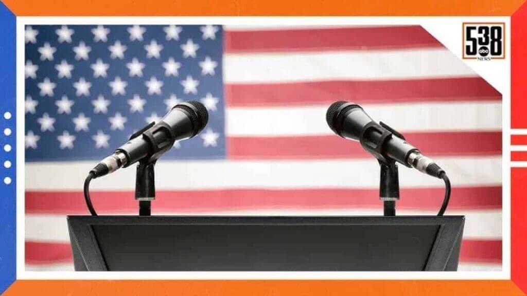 Empty podium in front of the american flag