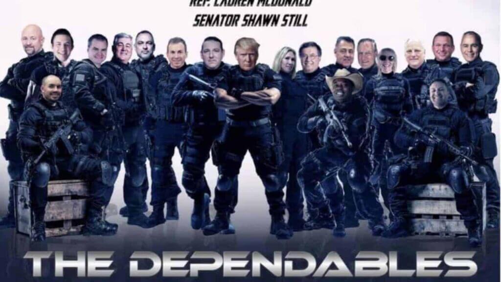 Graphic of trump and other reoublican’s heads on bodies of men in the expendables poster with guns