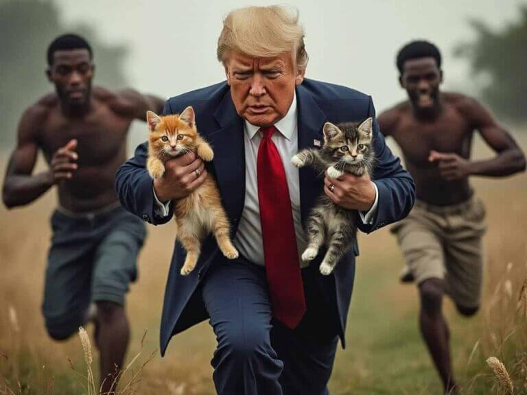 Ai image created and spread by trump supporters claiming a racist hoax that haitian immigrants are in springfield, ohio illegally and abducting and eating house cats. The image intends to favorably portray donald trump as an animal lover protecting cats from violent racial caricatures.