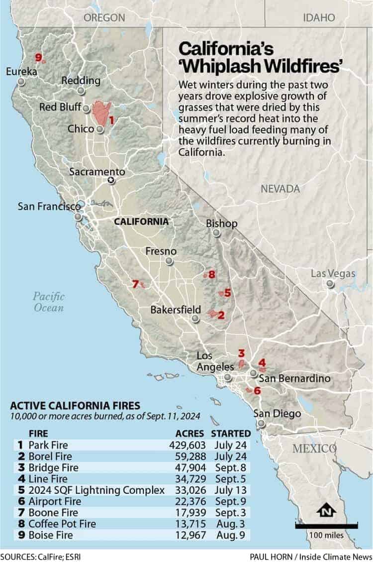 Map of california showing wildfire locations