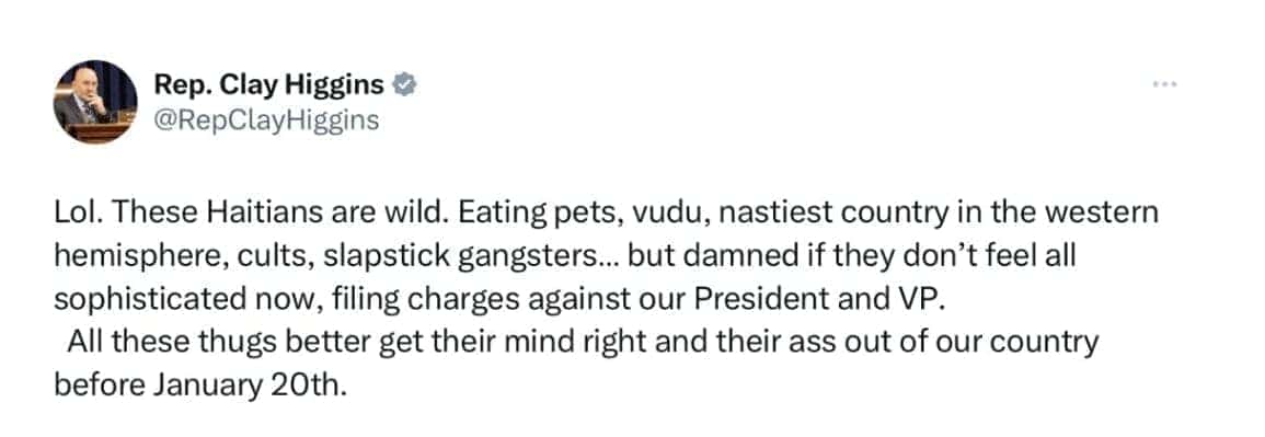 Clay higgins post on twitter with racist comments about haitian americans