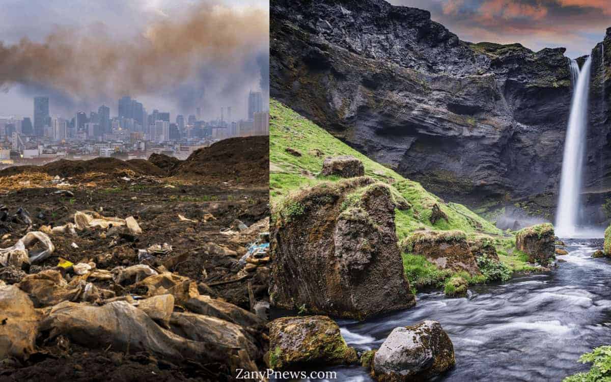 Polarization in politics split screen of companies polluting the air, trash all over the ground and green, beautiful nature.