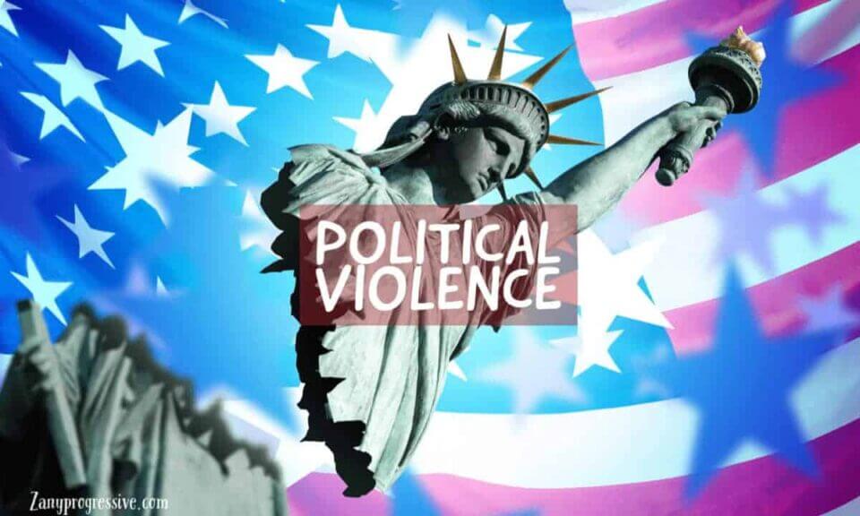 Political violence graphic with a us flag background and a statue of liberty breaking in half.