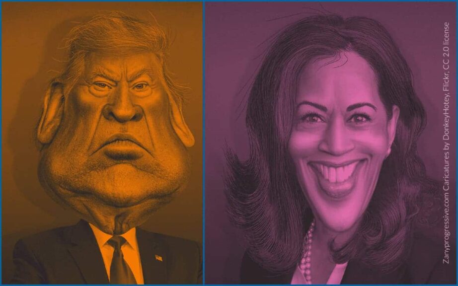 Caricatures of donald trump and kamala harris with orange tint on trump and pink tint on harris