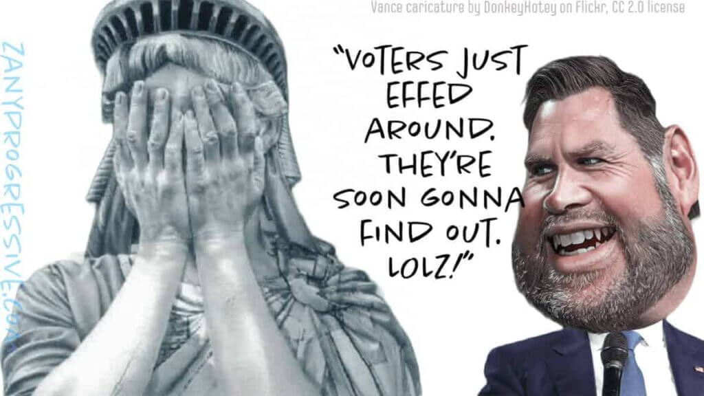 Statue of liberty with her face in her hands, crying. Jd vance idps laughing at her