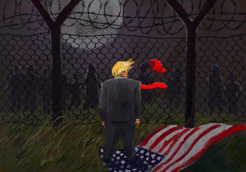Comic book style cartoon of donald trump with a villain and the american flag