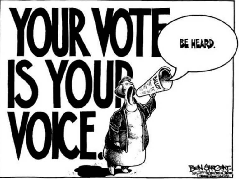 Your vote is your voice political cartoon of a woman shouting into a megaphone.