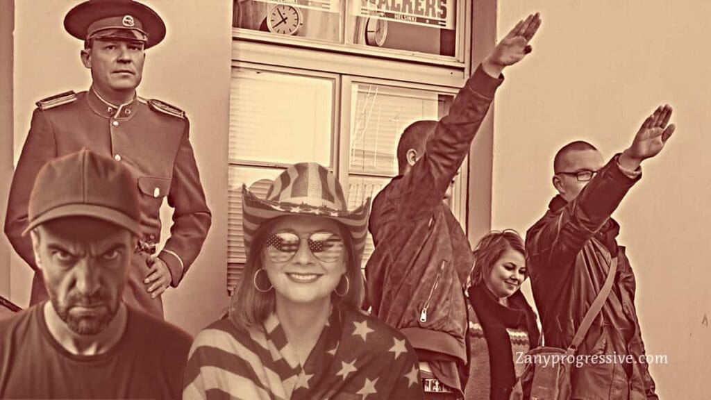 Maga man and woman with neo-nazis saluting in the background