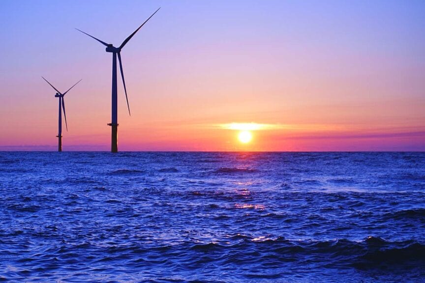 Offshore wind farms photographed at the port of noshiro at sunset