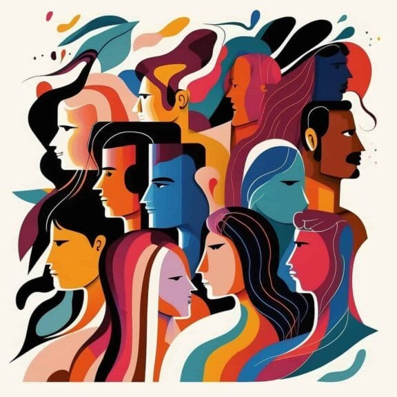 Illustration of many outlines of people in many different colors