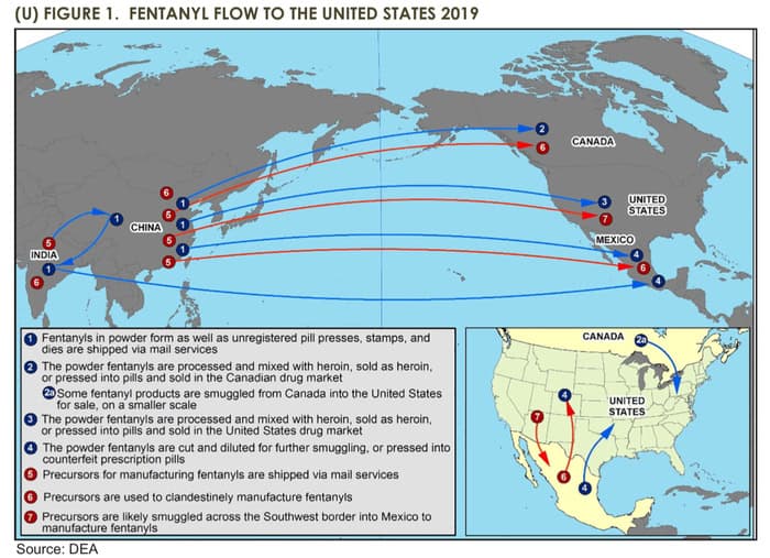 Flow-of-fentanyl Map showing the flow of fentanyl into the u. S. From other countries