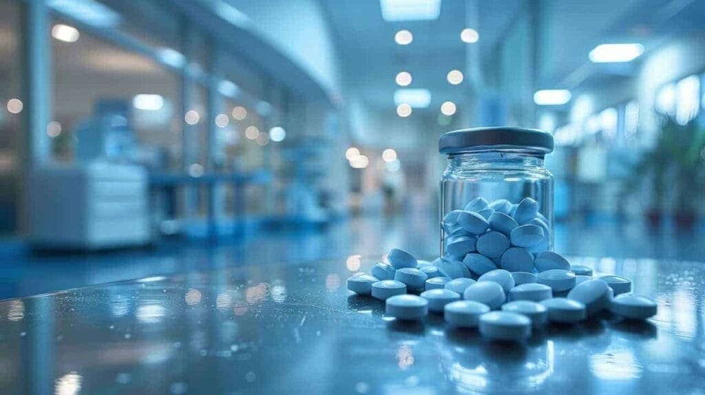 Pill bottle with pills around it on a stainless steel exam table