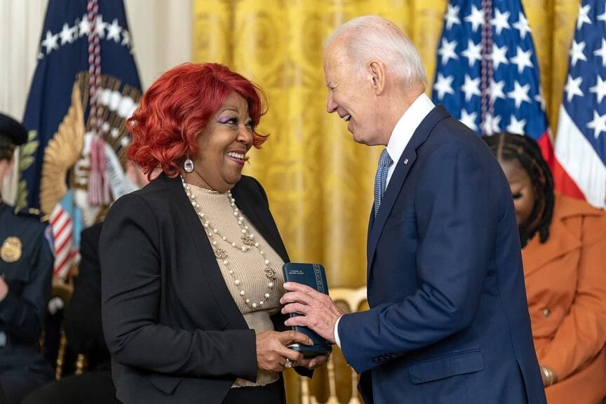 Cisa ruby freeman receives a medal from president joe biden