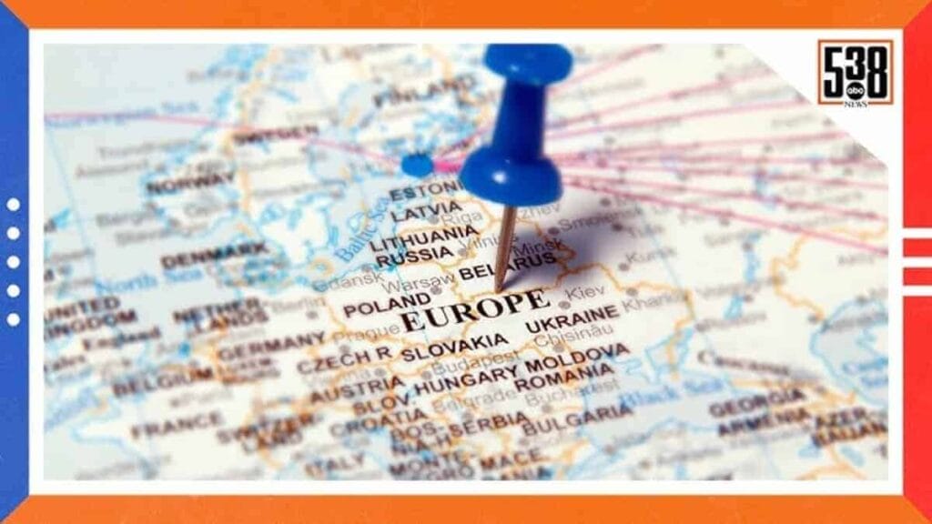World map with a thumbtack in europe