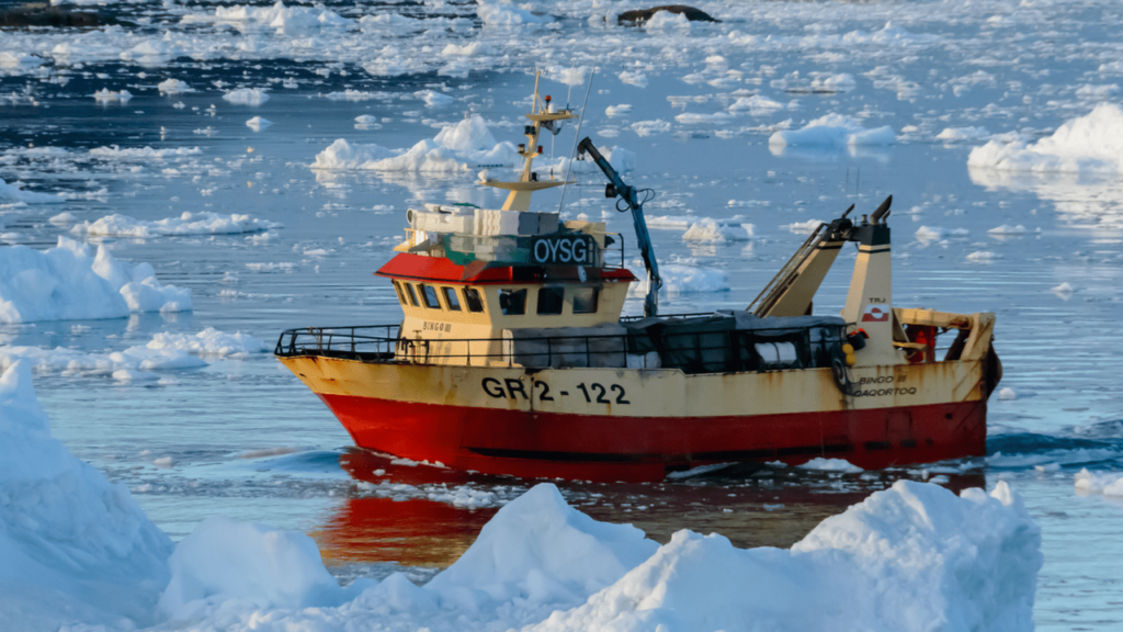 Red and white boat in icy waters of greenland