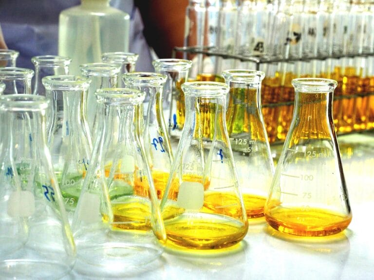 Attack on science a lab with glass beakers all over the counter
