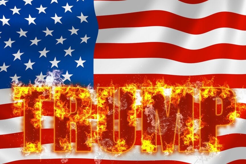 Signs of fascism or that democracy is being destroyed. American flag with trump’s name on fire in front of it.