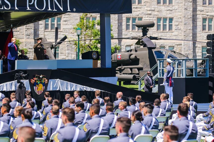 Trump giving a commencement speech at west point in 2020.