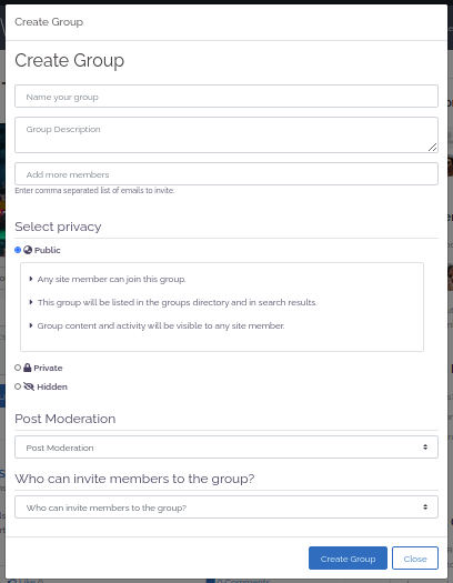 Form on the create a group page