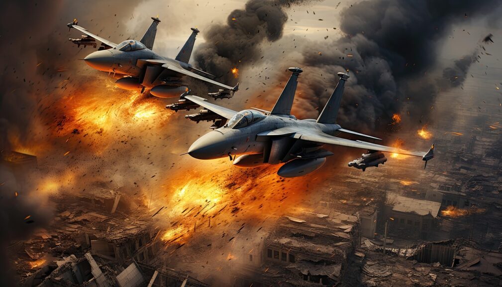 Benjamin Netanyahu Has Some Massive Balls Planes flying over a city and dropping bombs. Ai-generated
