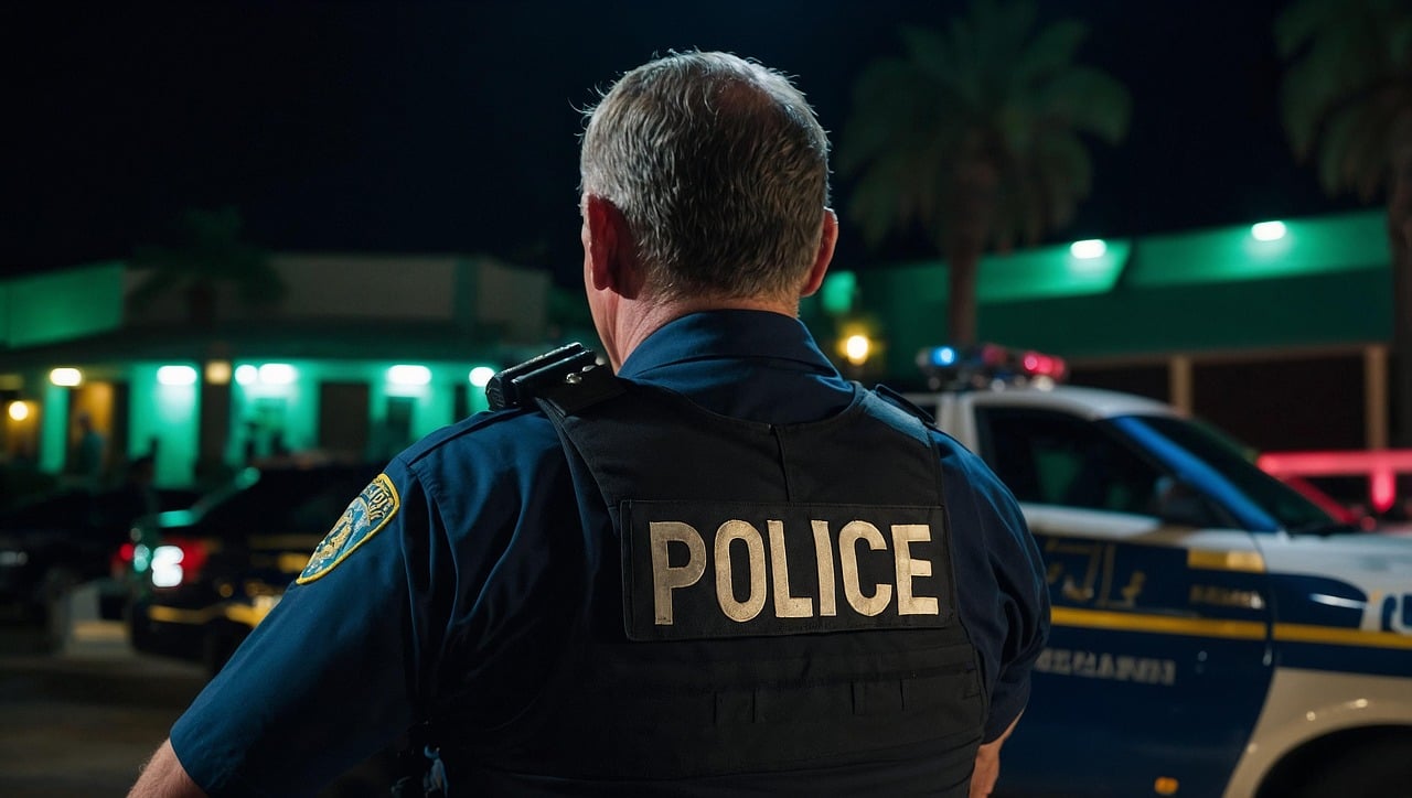 Florida sheriff. A police officer looks at a crime scene with police on the back of his uniform.