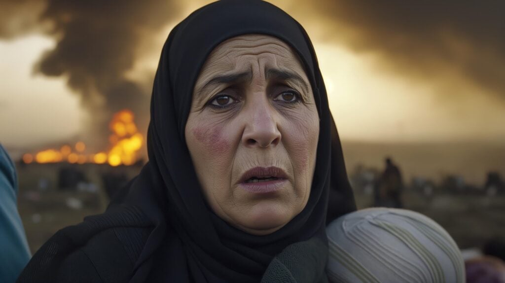 Genocide in gaza. Photo of an arab women with a war going on behind her.