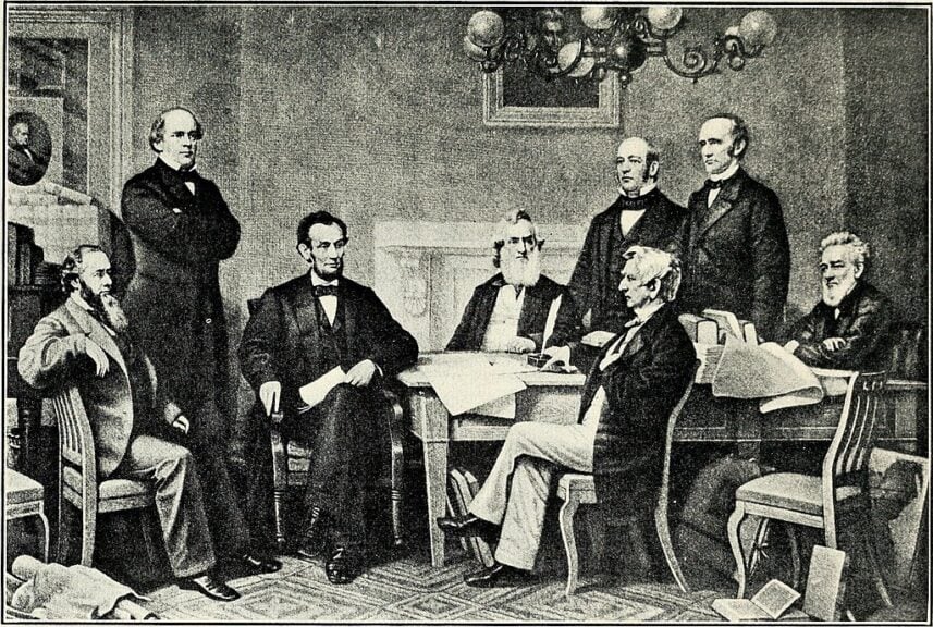 Abraham lincoln declares martial law. Illustration from a book.