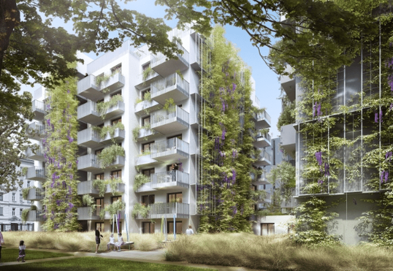 On of the new social housing developments in the wehlistraße 2 in the second disctrict. The outside of the building features multiple hanging plants.